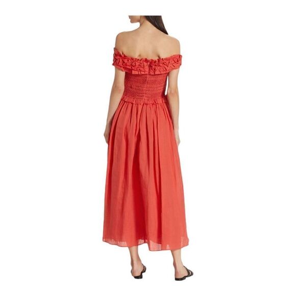 SEA Frida Red Ruffled Off-the-Shoulder Midi Dress Size Small - Picture 4 of 12